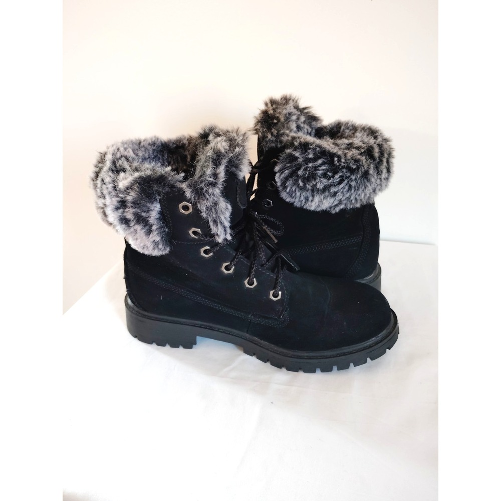 EUC-Lugz Convoy Women 8 Black Faux Fur Lace‑Up Western Winter Chunky Ankle Boots